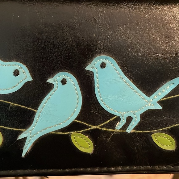 Lavishy Adorable Black Leather Wallet Appliquéd Blue Birds Nest Designs - Picture 2 of 6